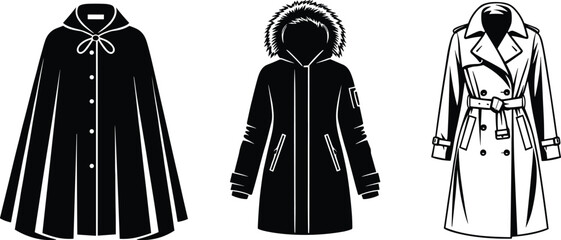 Coat illustration collection, cape coat drawing, parka sketch with fur hood, trench coat outline, fashion outerwear artwork, winter clothing design © Akhi's orld