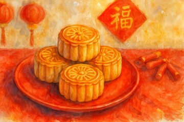Chinese New Year Festival Decorations and Food in Watercolor Style