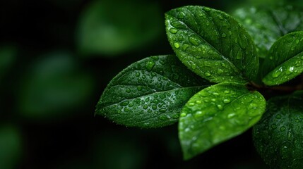 Close-Up of Fresh Green Leaves with Water Drops