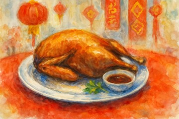 Chinese New Year Festival Decorations and Food in Watercolor Style