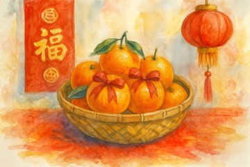 Chinese New Year Festival Decorations and Food in Watercolor Style