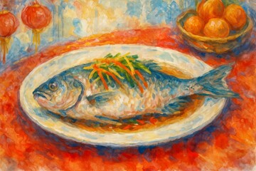 Chinese New Year Festival Decorations and Food in Watercolor Style