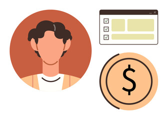 Person portrait, task checklist, and dollar icon emphasizing account management, financial tasks, productivity, goals, workflow, user identity, and simplicity in a stylish flat metaphor