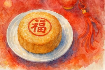 Chinese New Year Festival Decorations and Food in Watercolor Style
