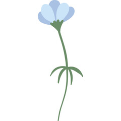 Delicate Light Blue Petal Flower With Green Stem and Leaves On White Transparent Background With Soft Lighting