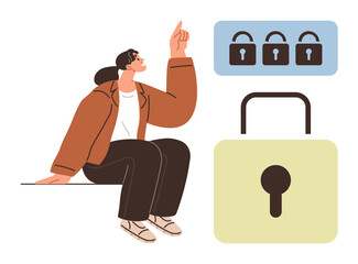 Woman interacting with locks, symbolizing security. Ideal for cybersecurity, data privacy, online protection, personal safety, digital security, encryption safeguarding. A simple flat metaphor