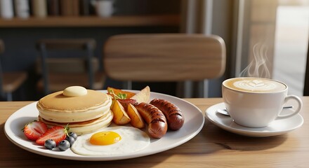 Cozy Cafe Breakfast with Pancakes, Coffee, and Fresh Fruits
