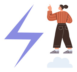 Woman in casual apparel pointing upward toward a purple lightning bolt, standing on a cloud. Ideal for energy, innovation, inspiration, electricity, creativity, motivation and technology themes. A