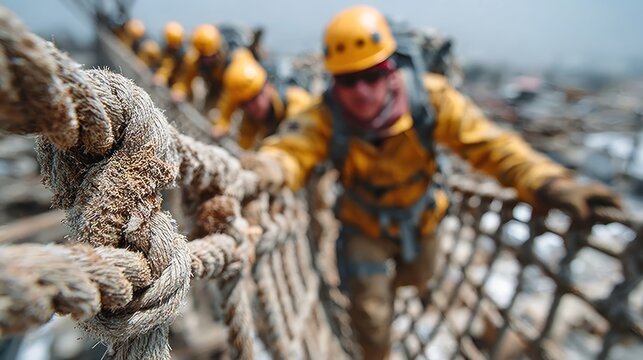 Fototapeta Close-up of rescue team ascending a rope bridge