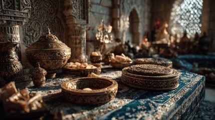 Fototapeta premium Opulent feast of tradition, showcasing ornate vessels and gilded details