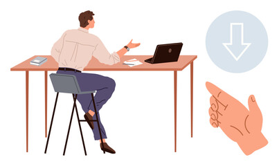 Man sitting at a desk with a laptop, gesturing in conversation or explanation. Thin arrow and hand pointing icon nearby. Ideal for communication, instruction, business, work, education, strategy