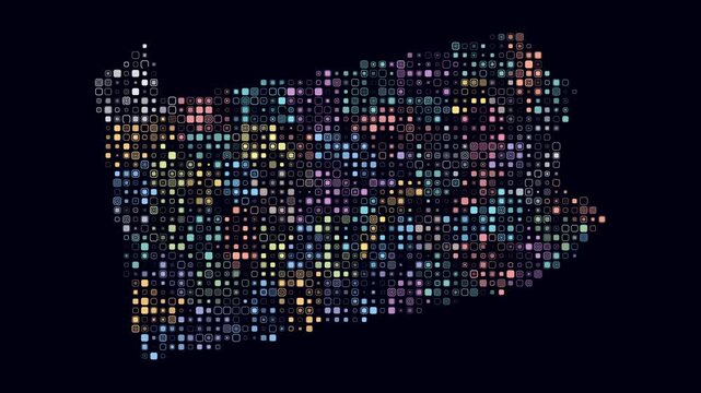 Pennsylvania animated shape. Pulsating colored dots on the map of the state. Small size rounded square blocks. Digital style Pennsylvania map on dark background. Stylish animation video.