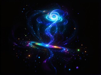 A mesmerizing cosmic swirl of vibrant energy, featuring glowing blue and purple filaments spiraling around a radiant core against a star-studded black void.