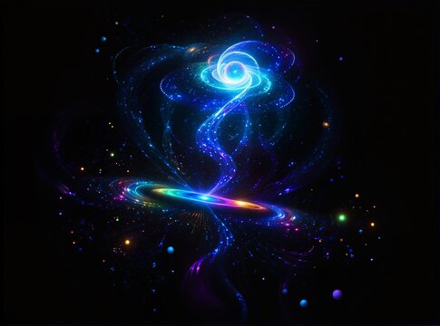 A mesmerizing cosmic swirl of vibrant energy, featuring glowing blue and purple filaments spiraling around a radiant core against a star-studded black void.