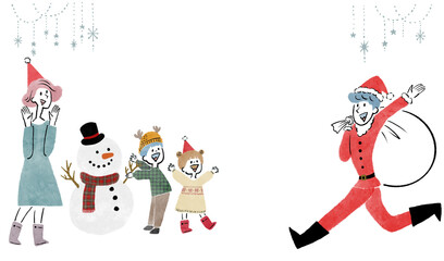 クリスマスの夜にサンタクロースに扮した父親が家族のためにプレゼントを持ってきたイラスト