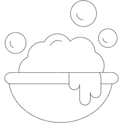 Simple outline drawing of a wash basin filled with overflowing soap bubbles and foam in a clean white background representing hygiene and cleanliness for bath time routines
