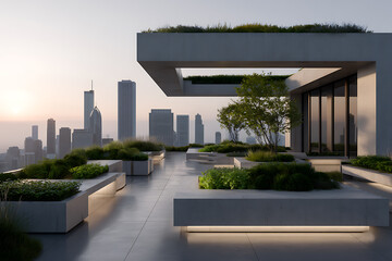 city rooftop oasis, a rooftop community garden on a city building with modular planter beds, iot sensor towers, solar panels, and serene atmosphere