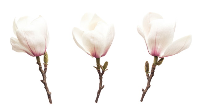 Three delicate white magnolia flowers on stems isolated on transparent background