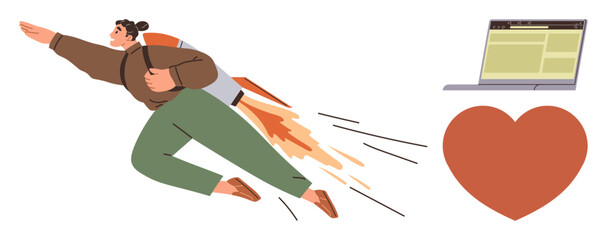 Person with a jetpack flying toward a laptop and heart, symbolizing digital success, ambition, passion, growth. Ideal for entrepreneurship, motivation, e-commerce, innovation technology simple flat