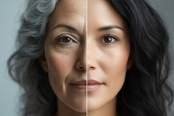 A portrait split a woman showing old and youth age. Generative AI.