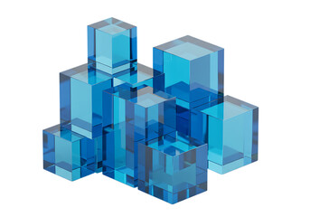 Translucent blue cubes isolated on transparent background forming abstract structure