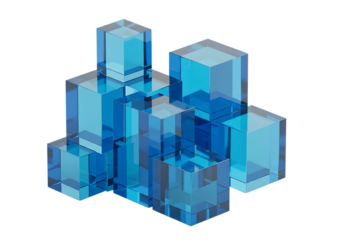 Translucent blue cubes isolated on transparent background forming abstract structure