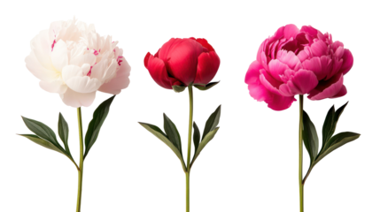 Three peony flowers in different colors isolated on transparent background