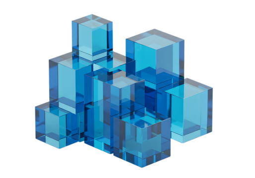 Translucent blue cubes isolated on transparent background forming abstract structure
