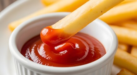 A close-up of a French fry being dipped into a bowl of ketchup, with a plate of fries in the background.