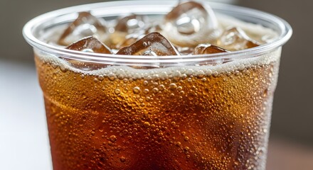 A plastic cup filled with cola soda, ice cubes, and bubbles, placed on a table with a blurred background.