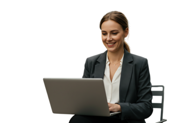 Smiling businesswoman working on her laptop isolated on transparent background