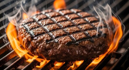 A grilled burger on a flaming grill with smoke rising, placed on a black metal grate with flames and smoke in the foreground.