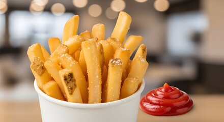 A pile of golden-brown french fries with salt and ketchup, placed in a white paper cup on a wooden table with a blurred background of a restaurant interior.