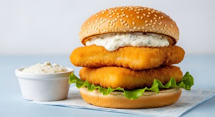 A large, golden-brown fish burger with lettuce and a side of tartar sauce on a sesame seed bun, placed on a blue napkin with a white background.
