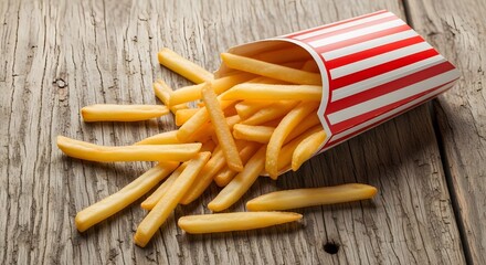 A wooden table with a red and white striped paper bag containing french fries spilling out onto the table.