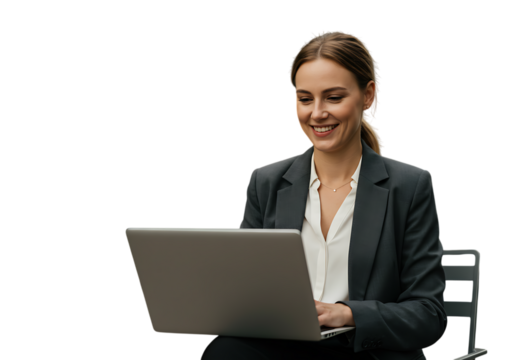 Smiling businesswoman working on her laptop isolated on transparent background