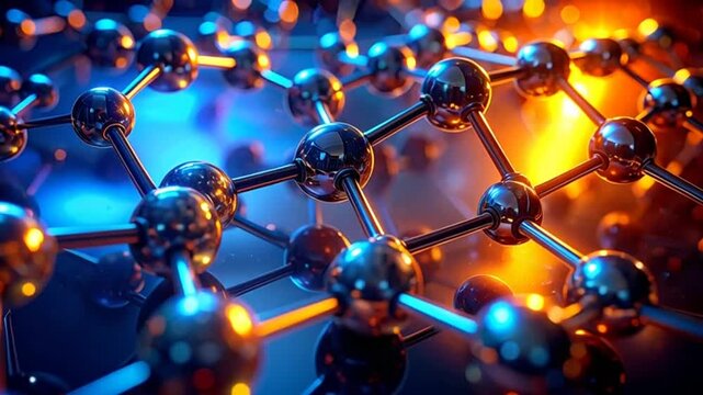 Abstract molecular structure with blue and orange illumination, showcasing nanotechnology and