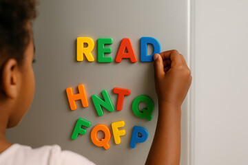Child arranging colorful magnetic letters spelling read on metallic surface for early literacy learning activity