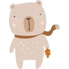 Cute Light Brown Bear Wearing a Scarf and Holding an Autumn Leaf on Transparent Background
