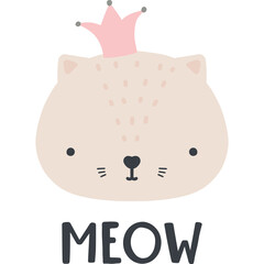 Cute Light Pink Cat Face Wearing A Pink Crown With Meow Text On Transparent Background Minimalist Childrens Illustration