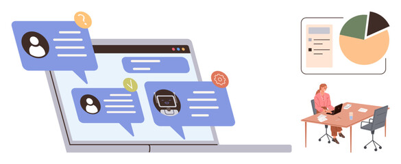 Laptop with chat bubbles for team messaging, employee at desk using digital tools, and data pie chart. Ideal for teamwork, communication, remote work, productivity, digital tools, analytics simple