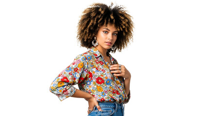 Fashionable Afro Hairstyle Woman Floral Shirt Portrait Glamour Confidence Trend