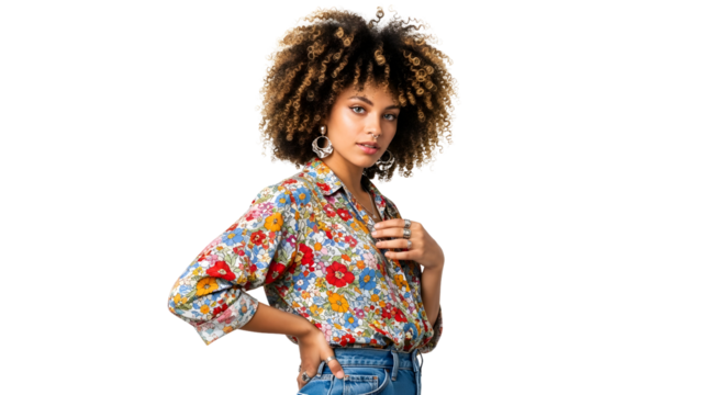 Fashionable Afro Hairstyle Woman Floral Shirt Portrait Glamour Confidence Trend