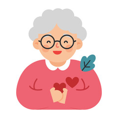 Happy elderly woman holding hearts flat vector illustration