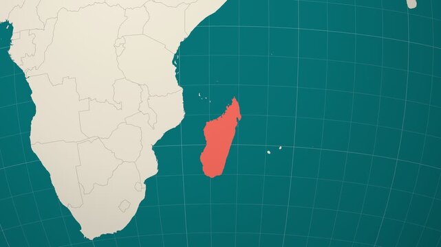 Madagascar map. Animated zoom into the country on the Globe in Teal Pale Mint color palette. Country logo animation. Map with meridians, parallels. Artistic video.