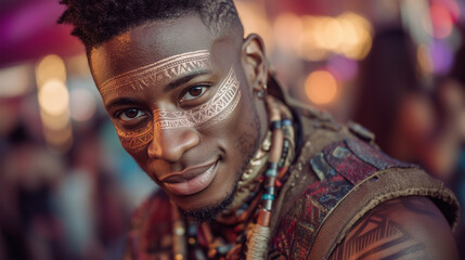 Portrait of a confident young man with traditional tribal face paint at a vibrant AfroFuture Festival, celebrating modern culture in Africa
