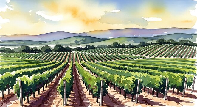 Watercolor painting of a vineyard with rows of grape vines and mountains in the background at sunset