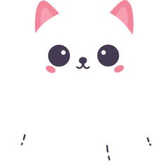 Cute cartoon white cat with pink ears and big dark eyes on transparent background playful expression simple design