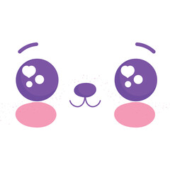 Cute Kawaii Animal Face with Big Purple Eyes and Pink Blushes on Transparent Background