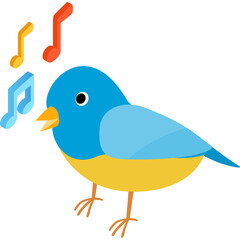 Cute Blue Bird Singing Musical Notes In Isometric Style With Transparent Background